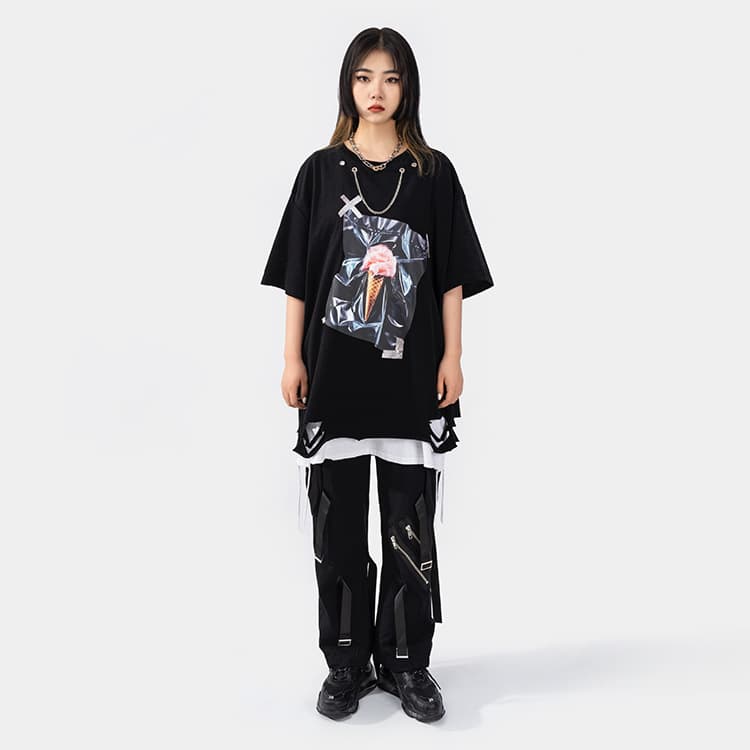 地雷系ファッション アイスクリームステッカープリントルーズTシャツ