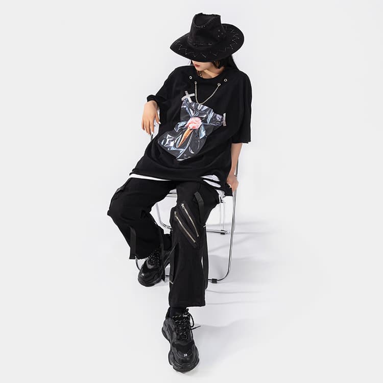 地雷系ファッション アイスクリームステッカープリントルーズTシャツ