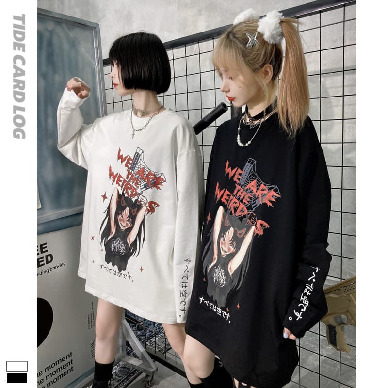 地雷系ファッション 女の子イラスト ルーズなストリート系長袖Tシャツ