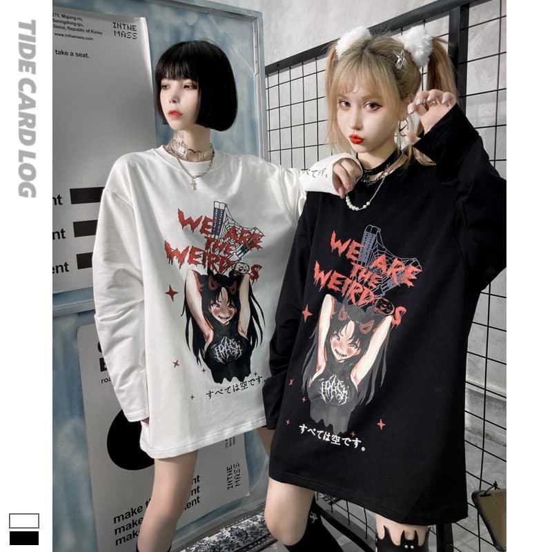 地雷系ファッション 女の子イラスト ルーズなストリート系長袖Tシャツ
