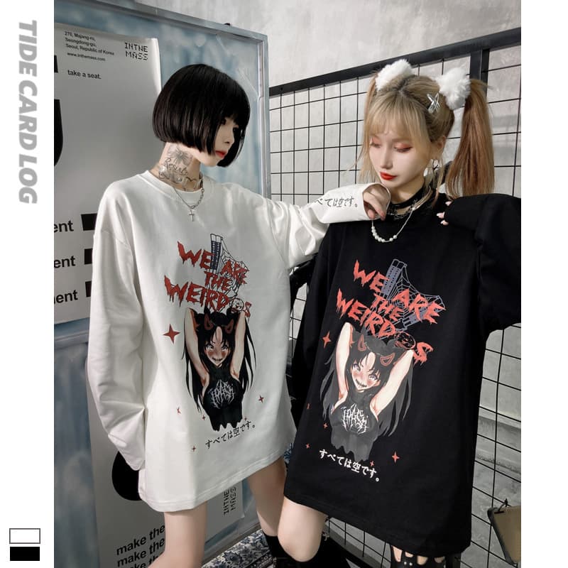 地雷系ファッション 女の子イラスト ルーズなストリート系長袖Tシャツ