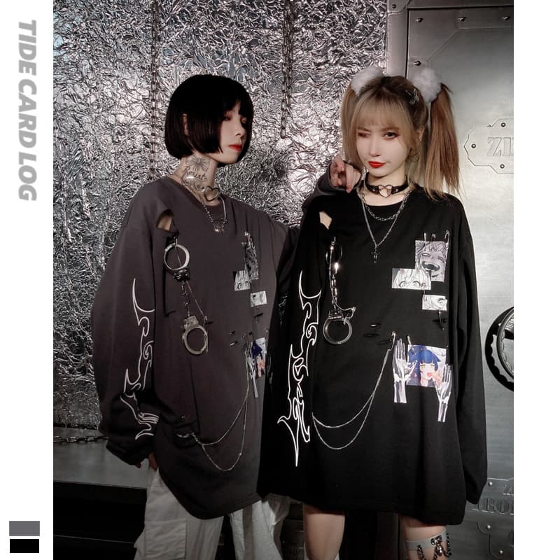 地雷系ファッション 原宿ダーク系長袖Tシャツ
