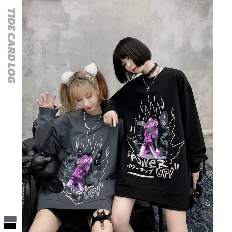 地雷系ファッション 漫画風女の子イラスト 長袖Tシャツ