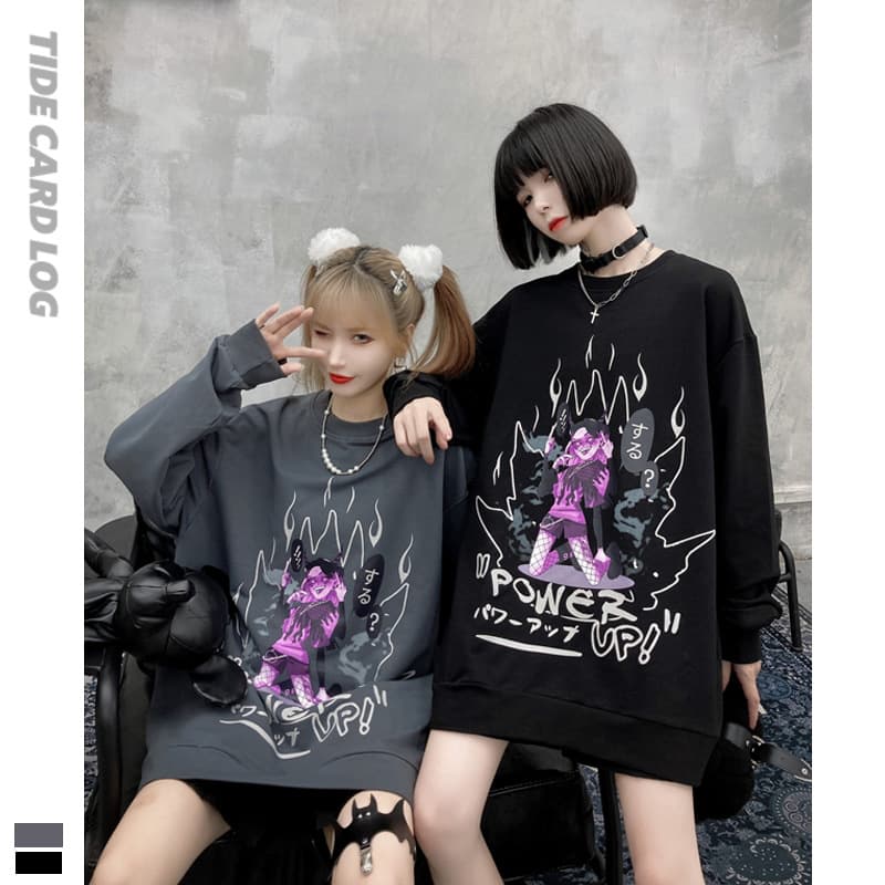 地雷系ファッション 漫画風女の子イラスト 長袖Tシャツ