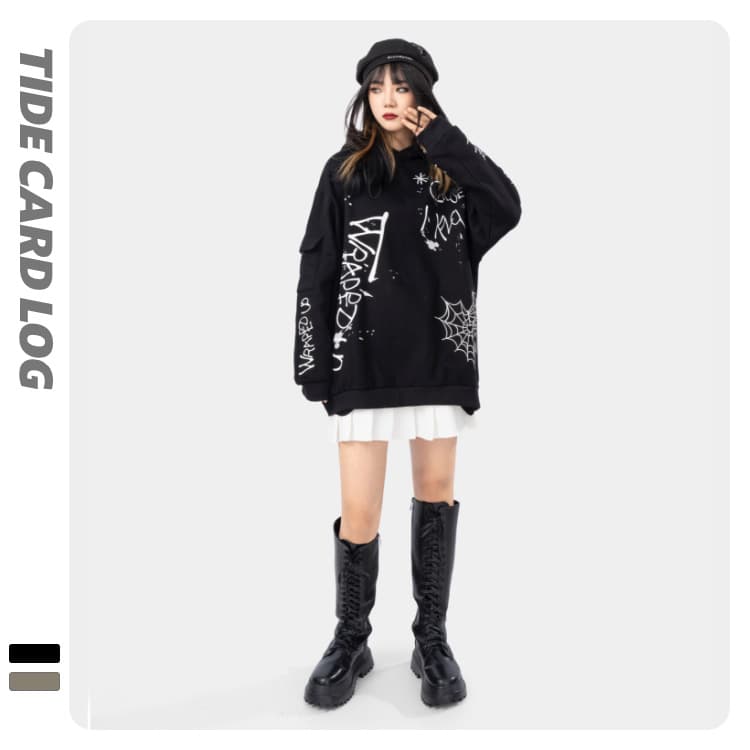 地雷系ファッション ストリート系ヒップホッププリントフード付きパーカー