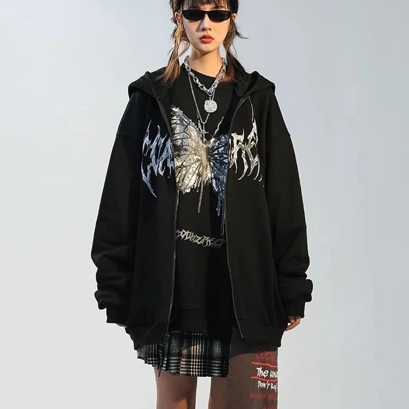 地雷系ファッション バタフライビッグシルエットパーカー