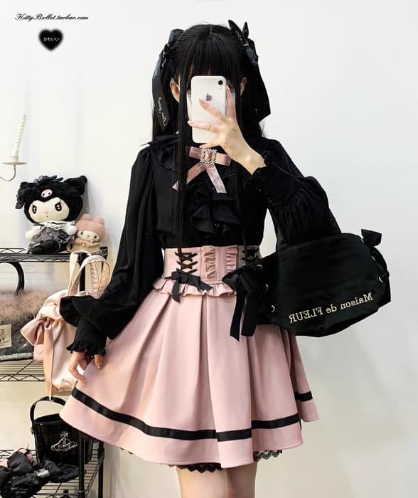 地雷系ファッション リボンフリル プリーツスカート