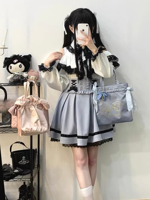 地雷系ファッション リボンフリル プリーツスカート
