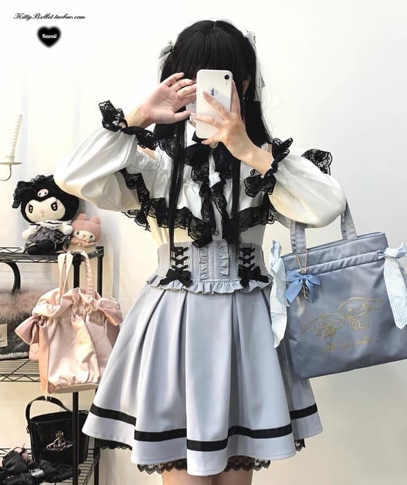 地雷系ファッション リボンフリル プリーツスカート