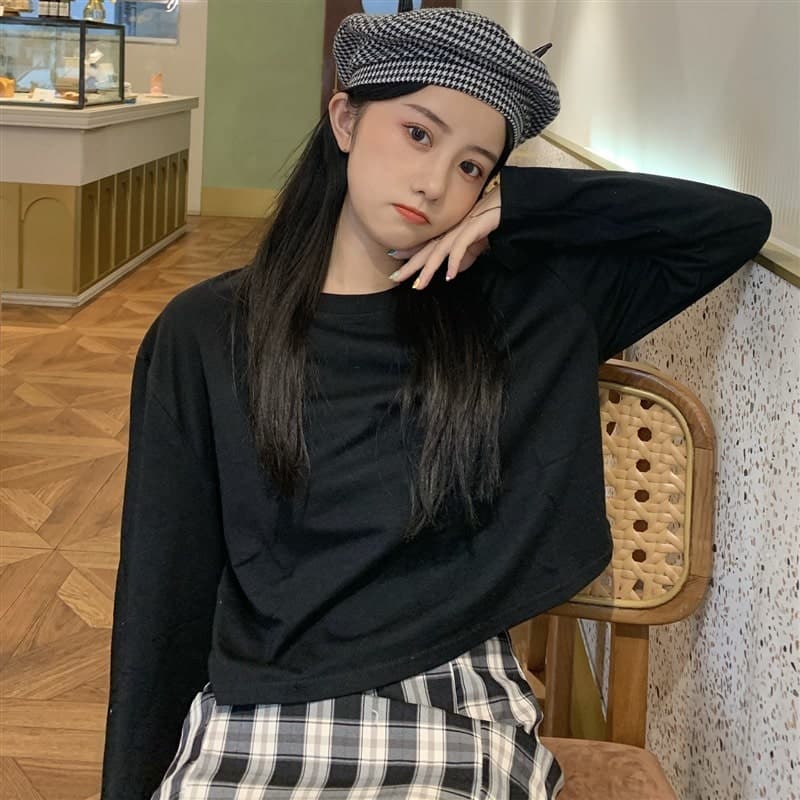 地雷系ファッション コットン素材 長袖ルーズTシャツ