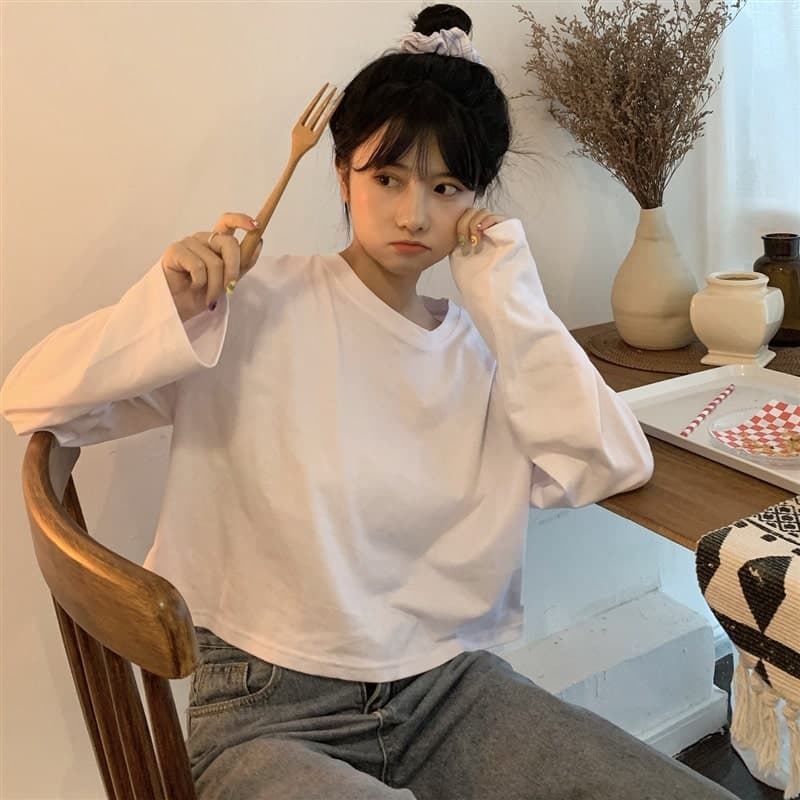 地雷系ファッション コットン素材 長袖ルーズTシャツ