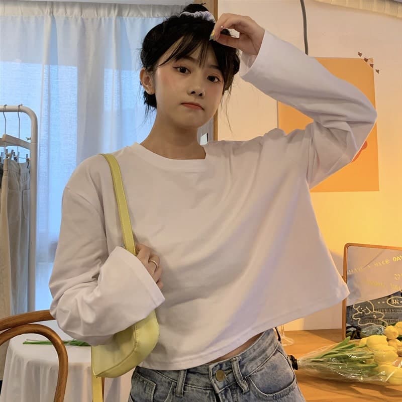 地雷系ファッション コットン素材 長袖ルーズTシャツ