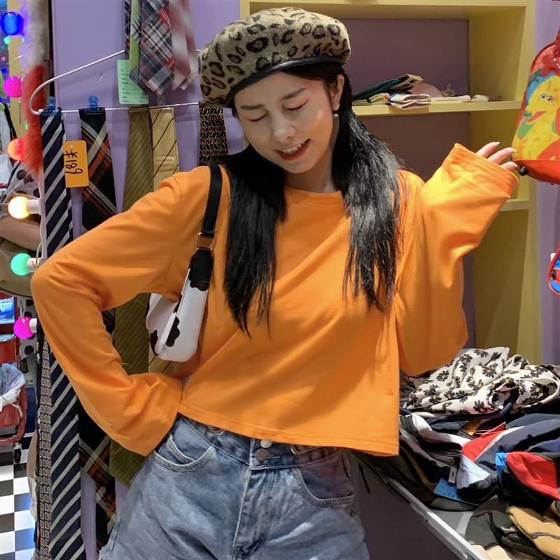 地雷系ファッション コットン素材 長袖ルーズTシャツ