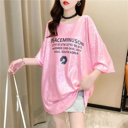 地雷系ファッション お花のイラスト付きミドル丈Tシャツ