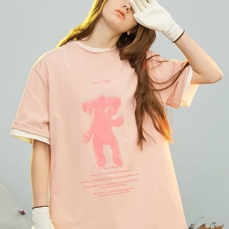地雷系ファッション テディベア風ヒップホップTシャツ
