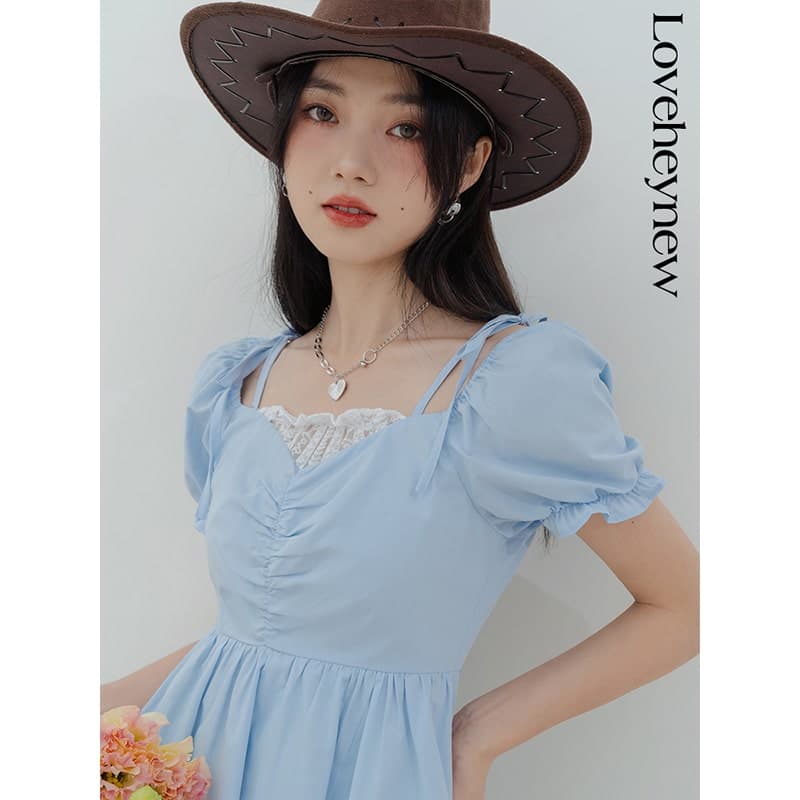 地雷系ファッション フロントドロスト パフスリーブワンピース