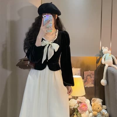 地雷系ファッション 秋用レトロな蝶ネクタイドレス