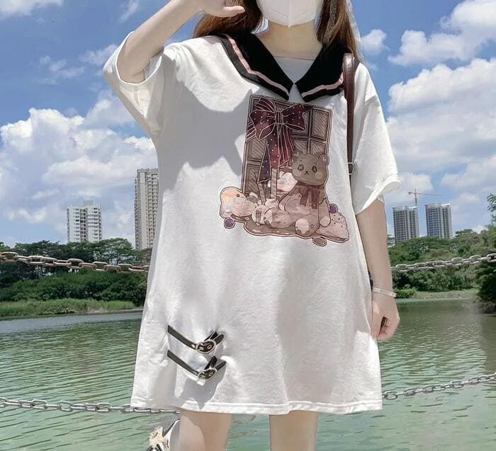 地雷系ファッション セーラー服風ロングTシャツ