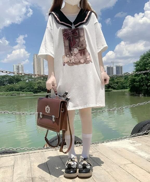 地雷系ファッション セーラー服風ロングTシャツ