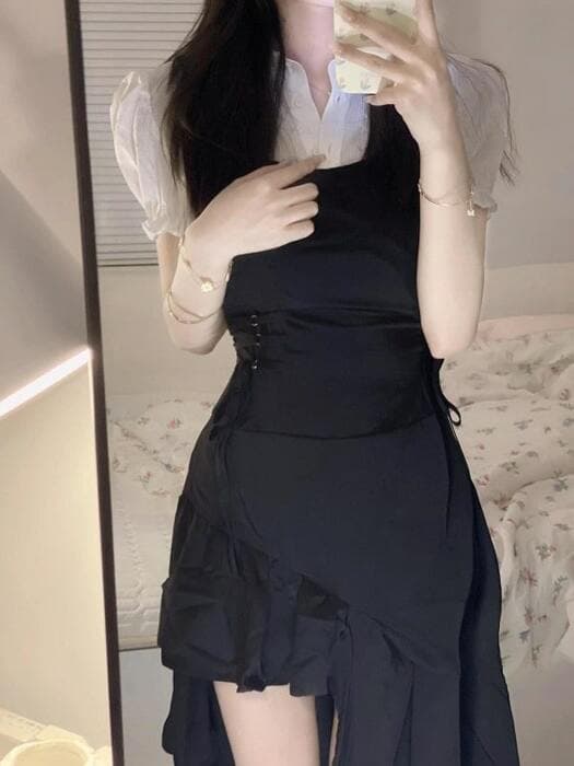 地雷系ファッション サイド編み上げアシンメトリーワンピース