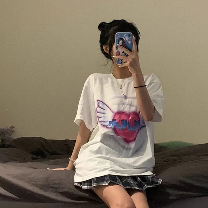 地雷系ファッション エンジェルハートプリント 半袖 Tシャツ