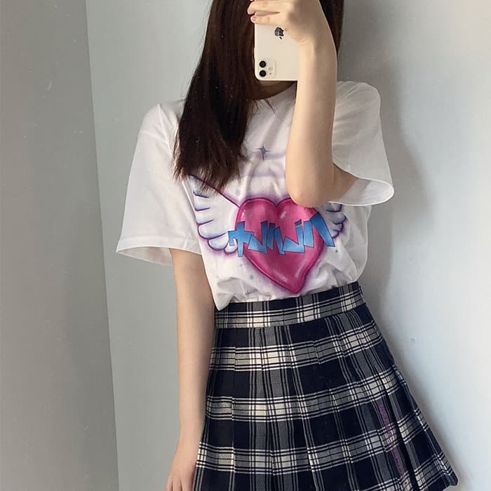 地雷系ファッション エンジェルハートプリント 半袖 Tシャツ