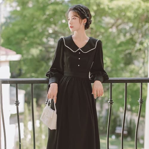 地雷系ファッションワンピース エレガントなパールラペルドレス