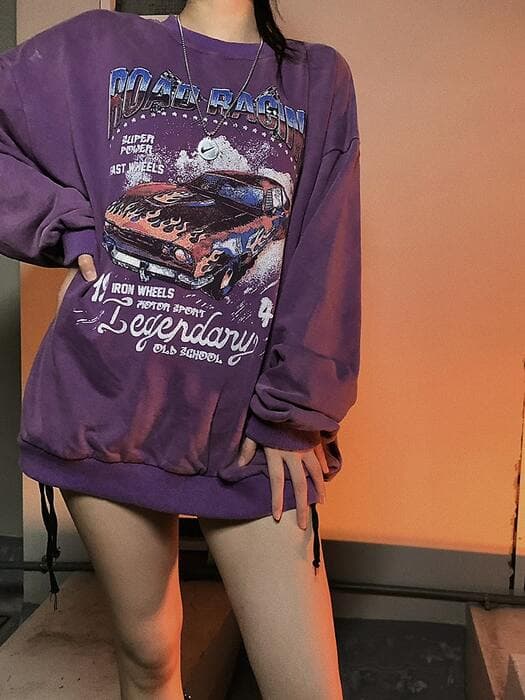 地雷系ファッション レーシングカーイラスト入り 裾絞りTシャツ