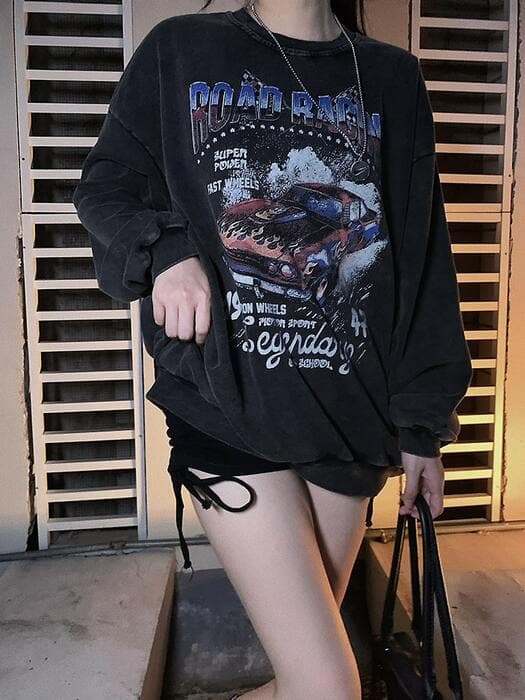 地雷系ファッション レーシングカーイラスト入り 裾絞りTシャツ