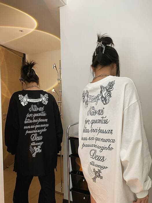 地雷系ファッション レトロプリント入り オーバーサイズ Tシャツ