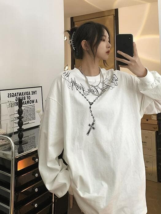 地雷系ファッション レトロプリント入り オーバーサイズ Tシャツ