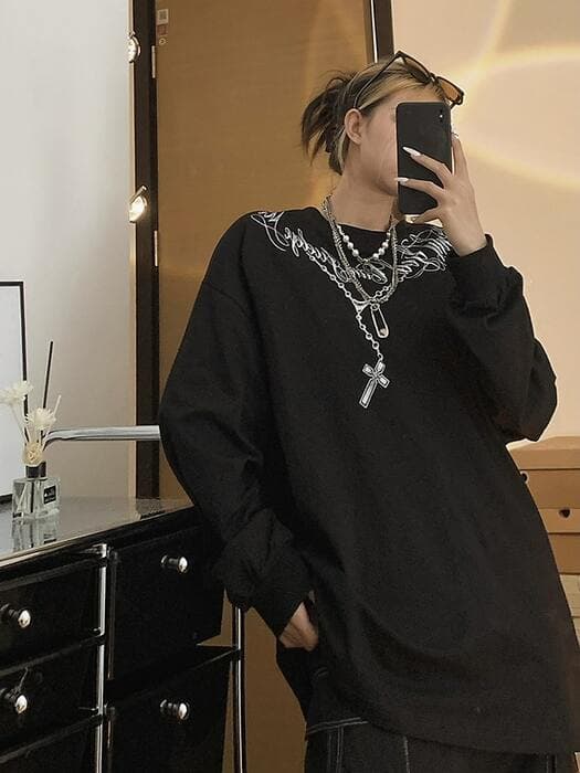 地雷系ファッション レトロプリント入り オーバーサイズ Tシャツ
