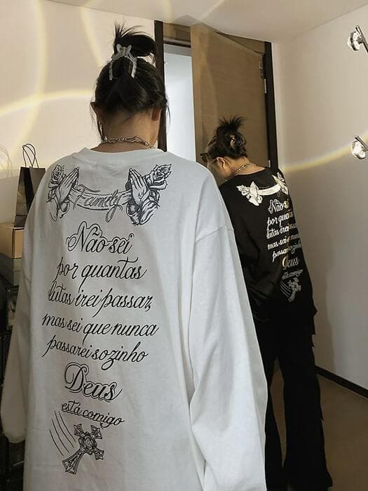 地雷系ファッション レトロプリント入り オーバーサイズ Tシャツ
