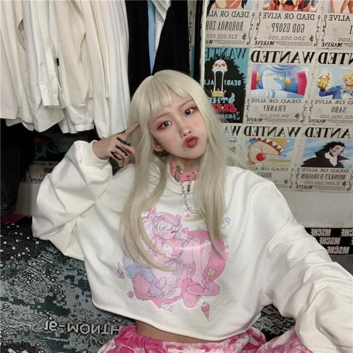 地雷系ファッション 夢かわイラスト入り長袖Tシャツ