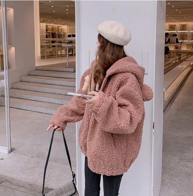 地雷系ファッション クマ耳フード付きフリースアウター