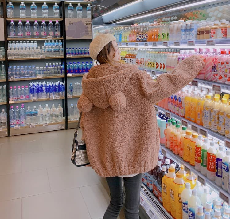 地雷系ファッション クマ耳フード付きフリースアウター