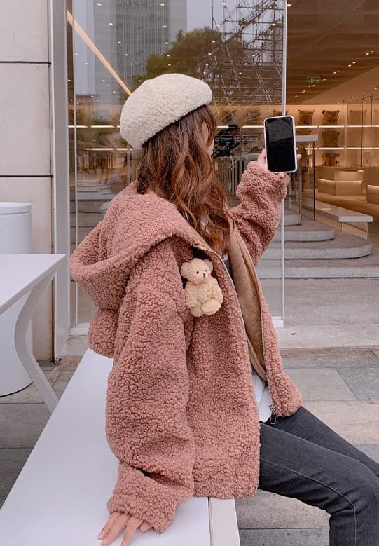地雷系ファッション クマ耳フード付きフリースアウター