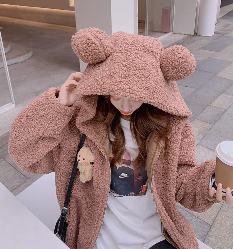 地雷系ファッション クマ耳フード付きフリースアウター