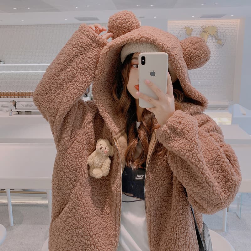 地雷系ファッション クマ耳フード付きフリースアウター