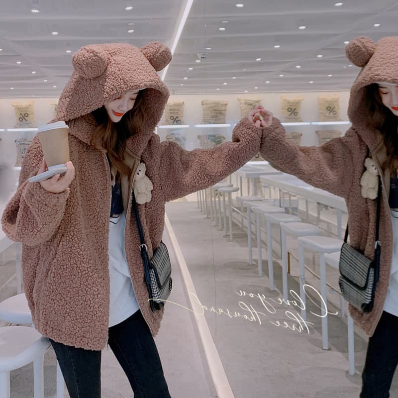 地雷系ファッション クマ耳フード付きフリースアウター