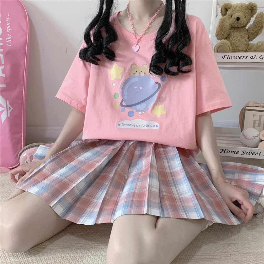 地雷系ファッション かわいいイラストのコットン生地半袖Tシャツ