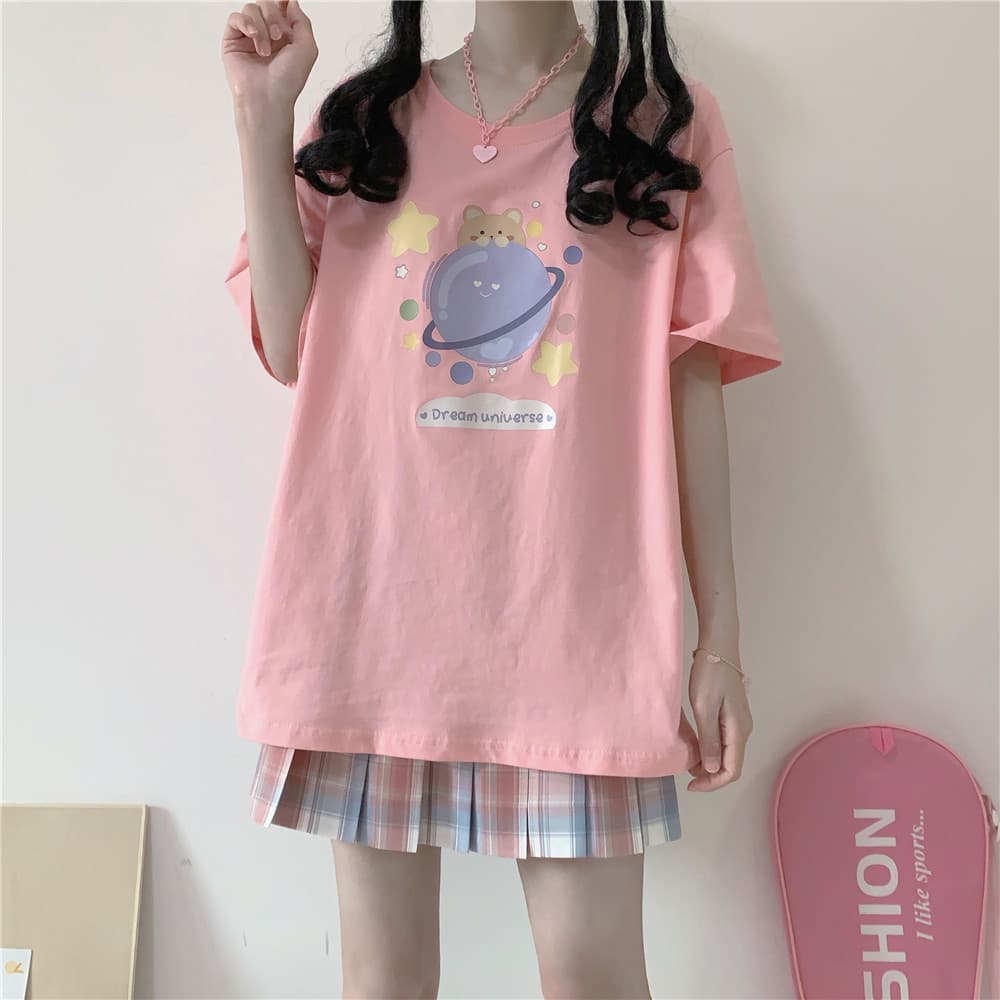 地雷系ファッション かわいいイラストのコットン生地半袖Tシャツ