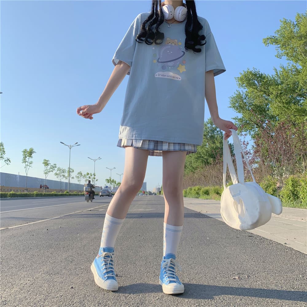 地雷系ファッション かわいいイラストのコットン生地半袖Tシャツ