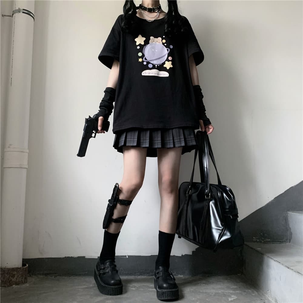 地雷系ファッション かわいいイラストのコットン生地半袖Tシャツ
