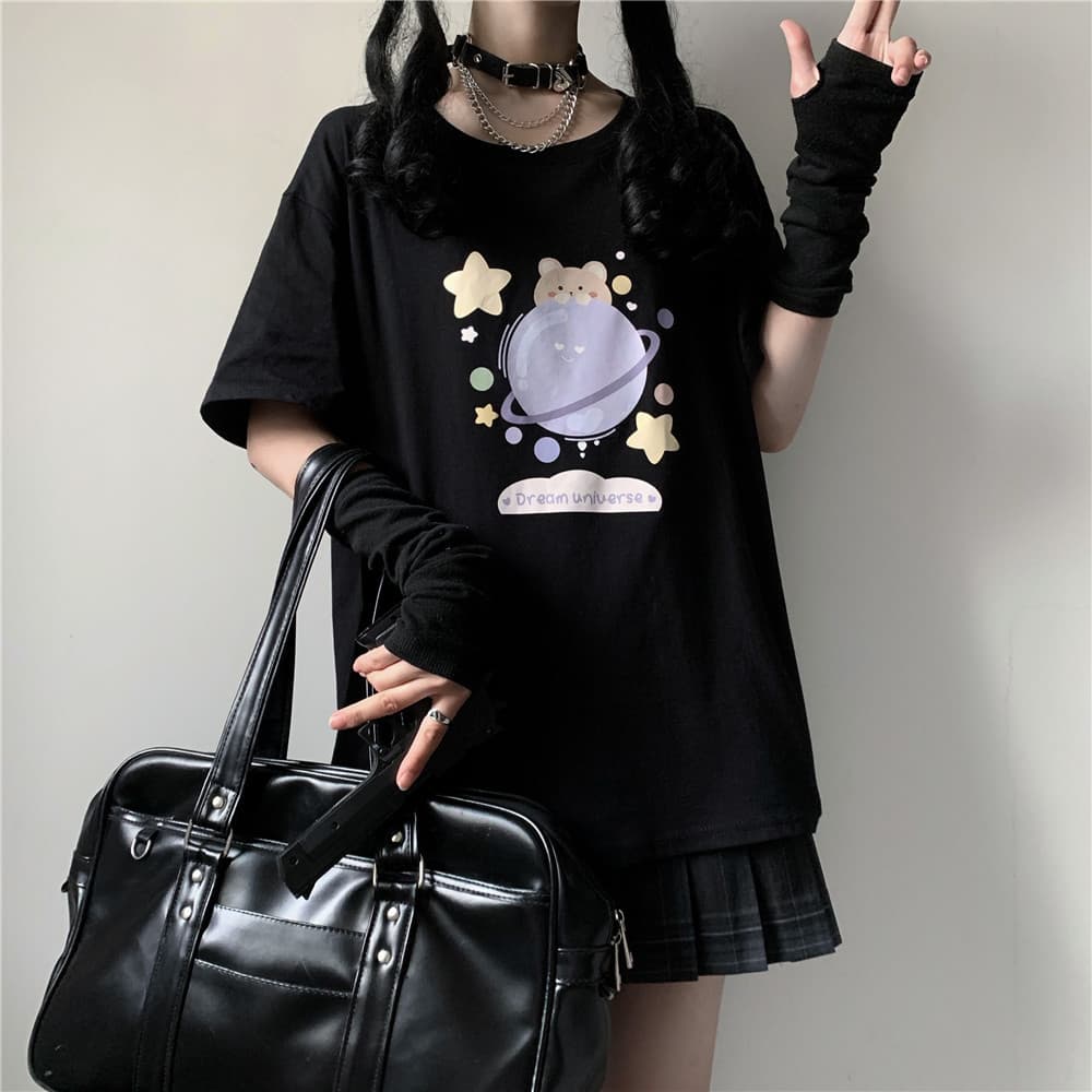 地雷系ファッション かわいいイラストのコットン生地半袖Tシャツ