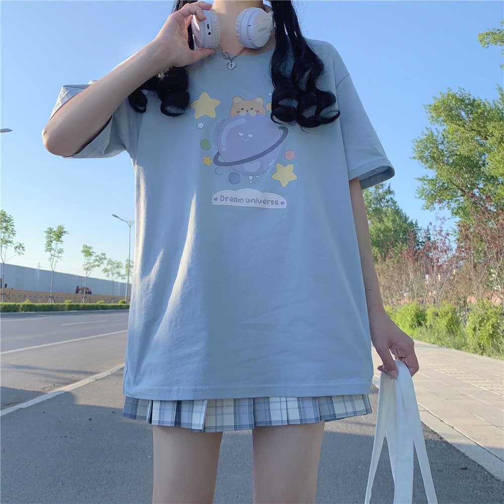 地雷系ファッション かわいいイラストのコットン生地半袖Tシャツ