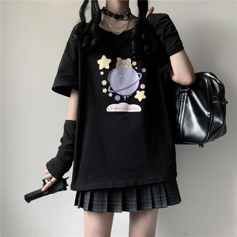 地雷系ファッション かわいいイラストのコットン生地半袖Tシャツ