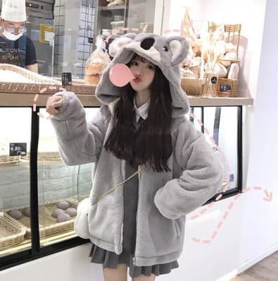 地雷系ファッション コアラのデザインのフード付きふわふわアウター