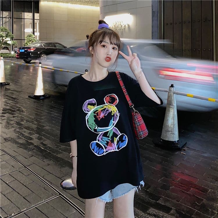 地雷系ファッション かわいいクマのイラスト 半袖Tシャツ