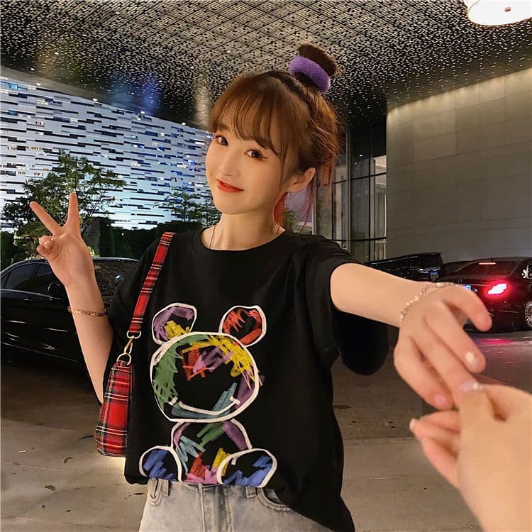 地雷系ファッション かわいいクマのイラスト 半袖Tシャツ